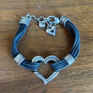 Brighton Heritage Heart Charm Black Cord Bracelet with Silver Accents